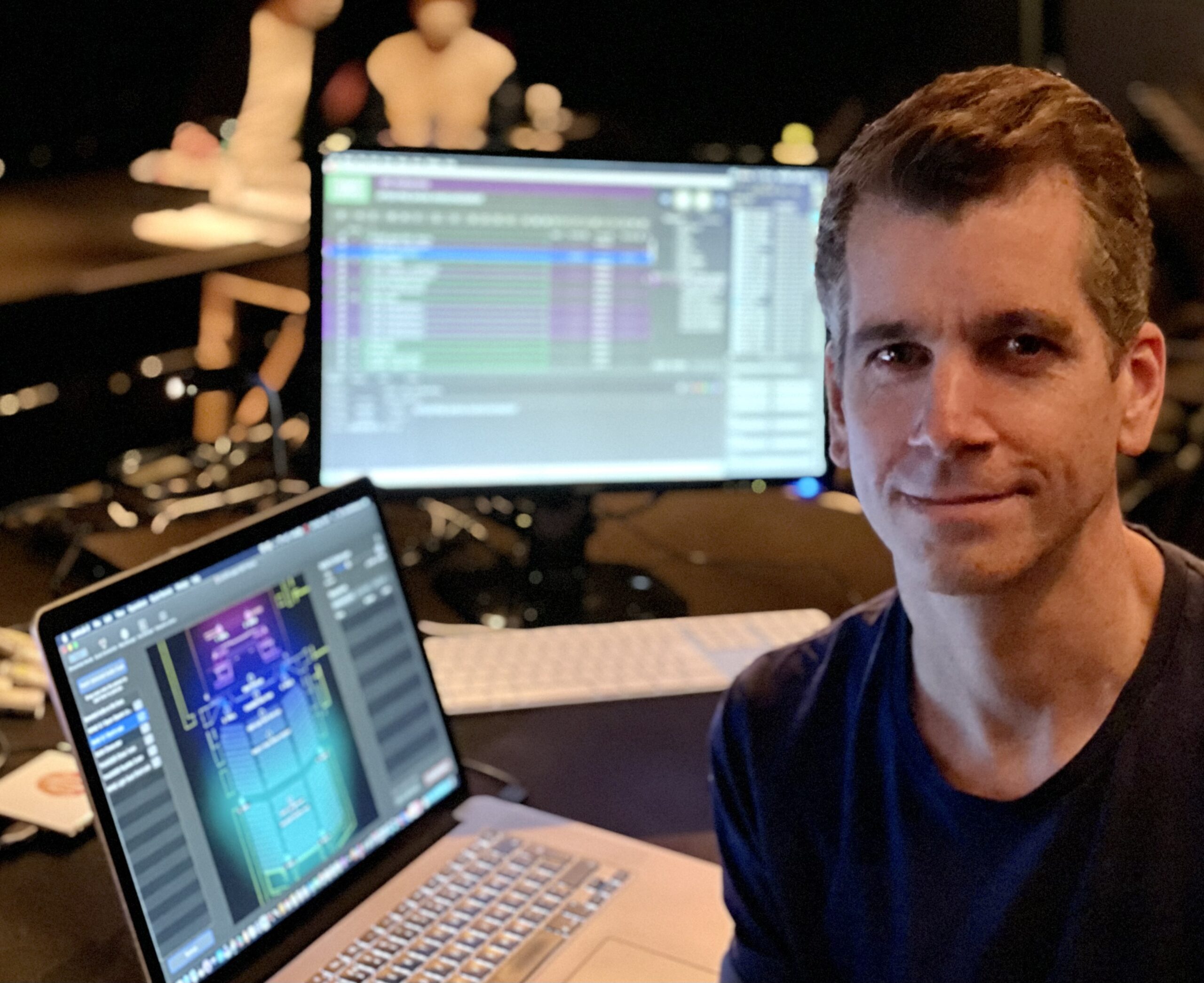 Sound Designer Paul Gatehouse, pictured at his production desk running panLab 2 and QLab