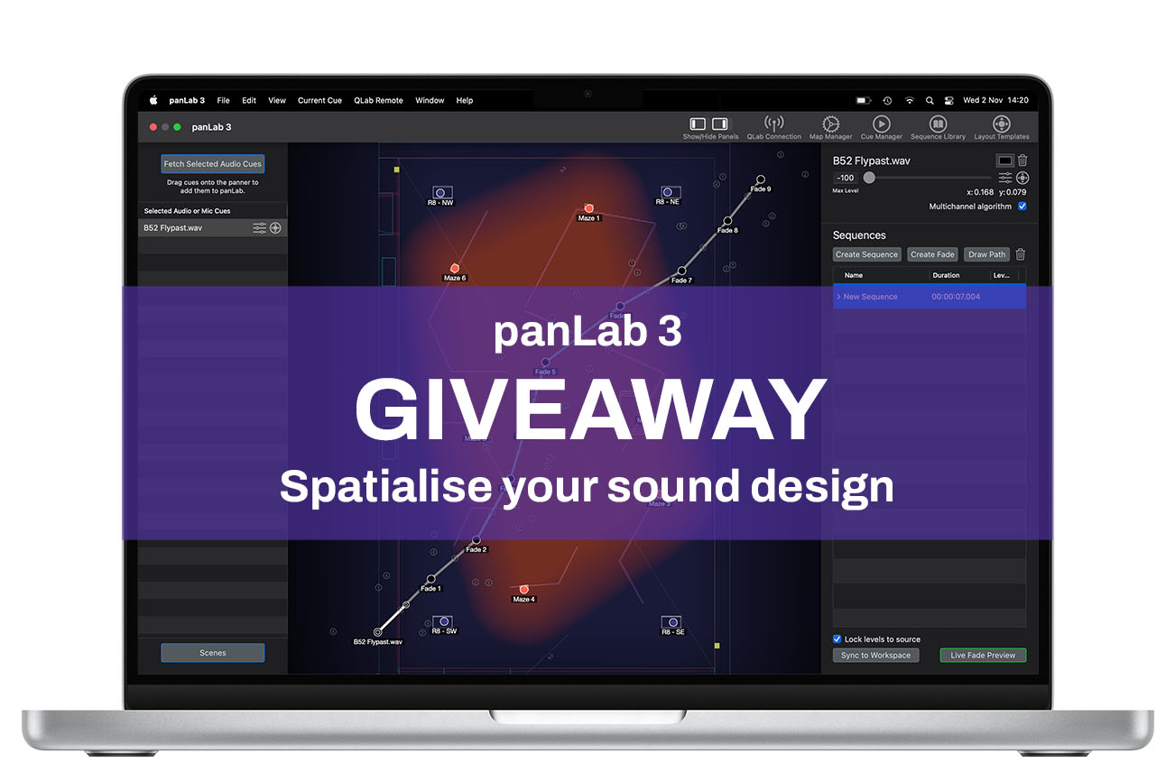 A MacBook Pro running panLab 3, with the text 'panLab GIVEAWAY. Spatialise your sound design' imposed over the top.
